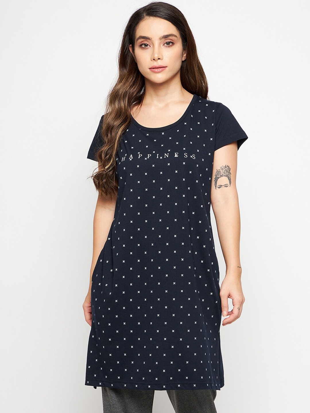 

Okane Women Navy-Blue Printed Short Sleeves Round Neck Cotton Lounge T-shirt