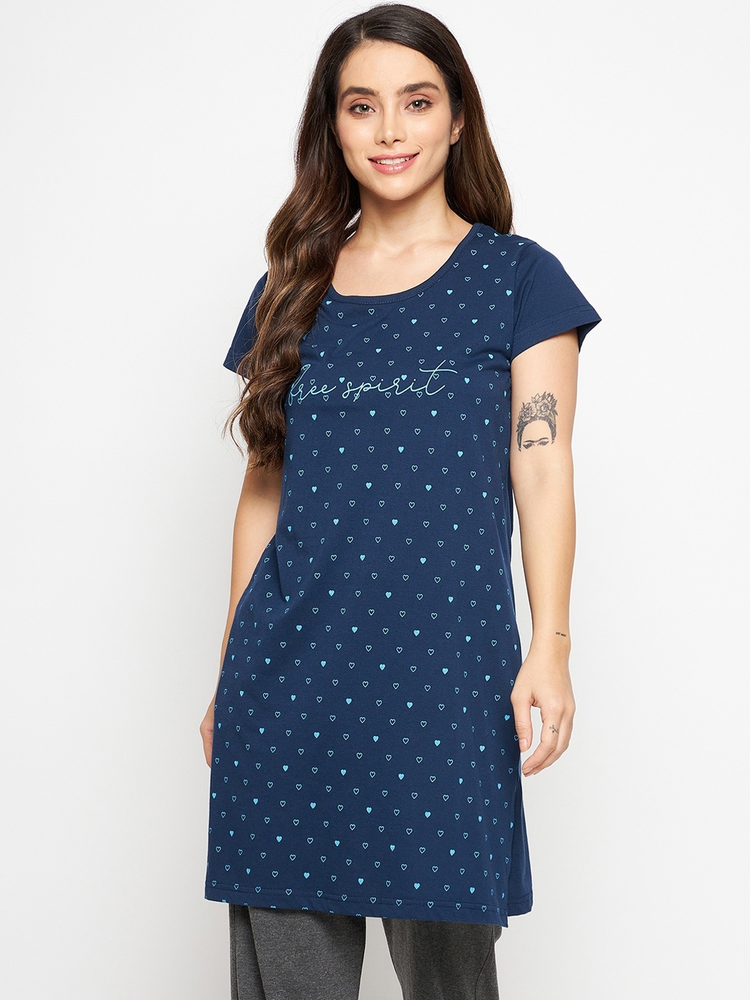 

Okane Women Navy Blue Printed Short Sleeves Round Neck Lounge T-shirts