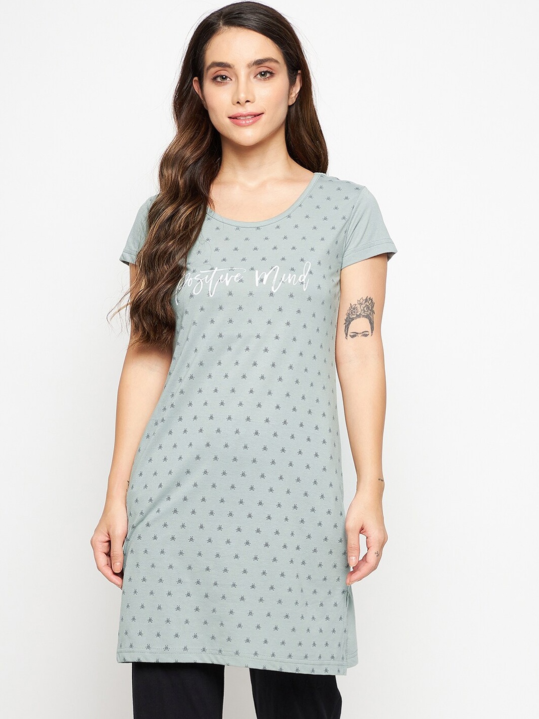

Okane Women Olive & Black Printed Short Sleeves Round Neck Lounge T-shirts