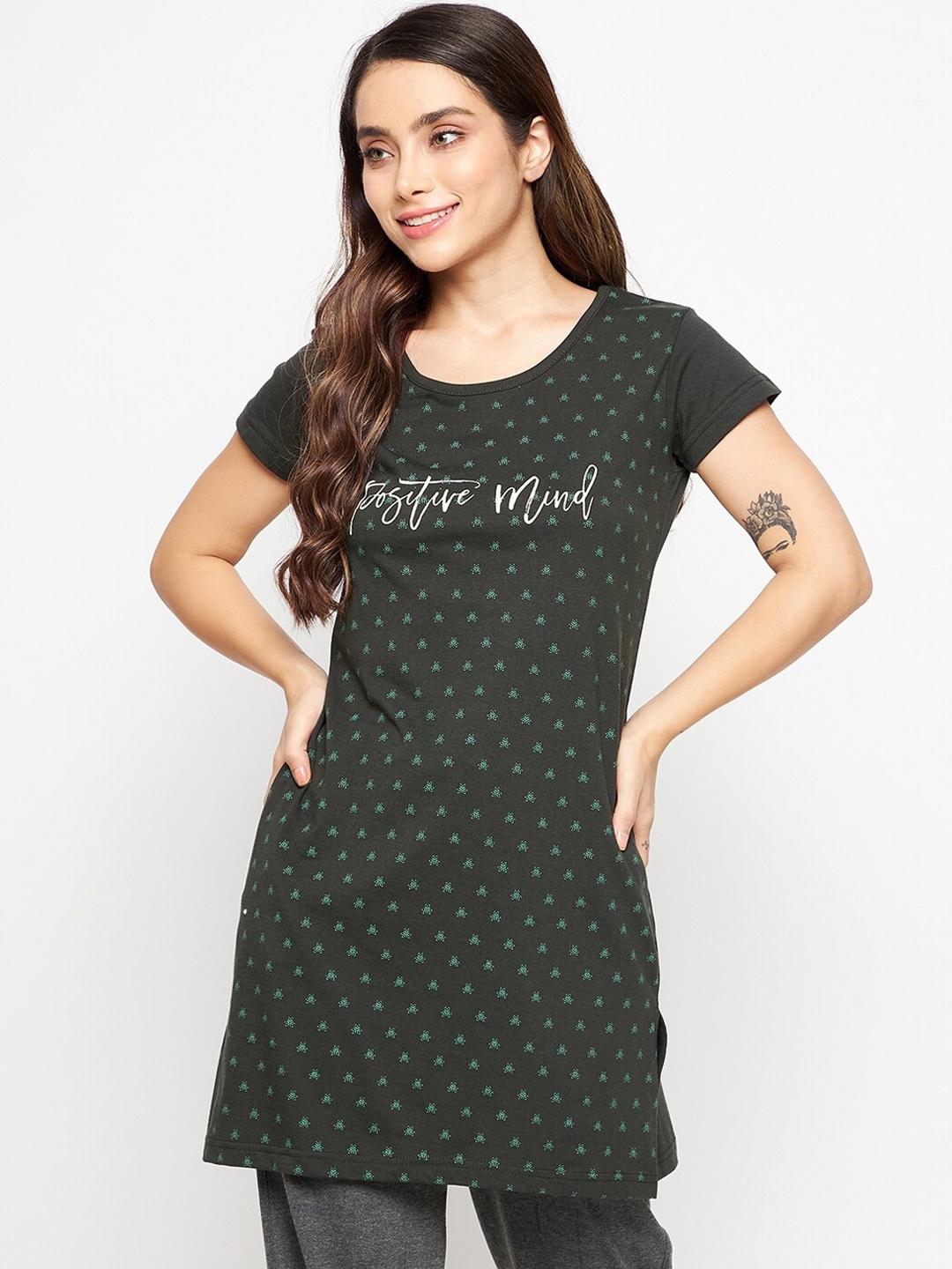 

Okane Women Olive Green Printed Short Sleeves Round Neck Cotton Lounge T-shirts