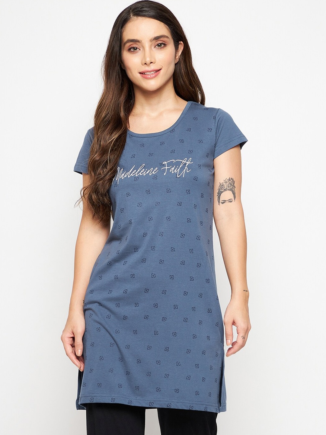 

Okane Women Blue Printed Short Sleeves Round Neck Lounge T-Shirts