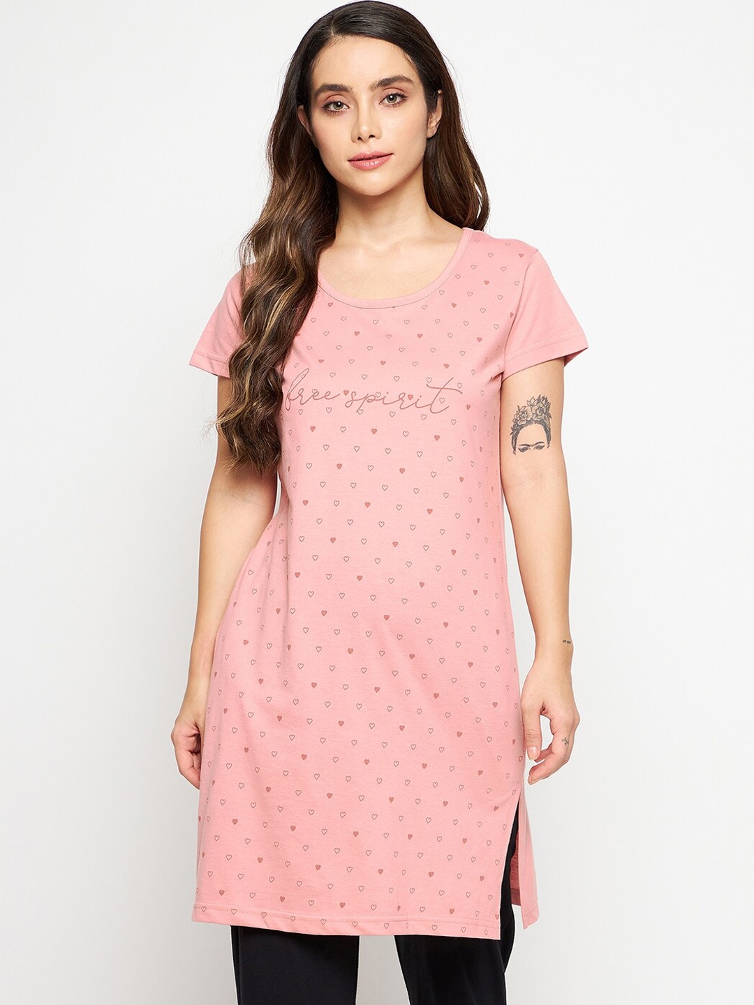 

Okane Women Peach-Colored Printed Short Sleeves Round Neck Lounge T-shirts