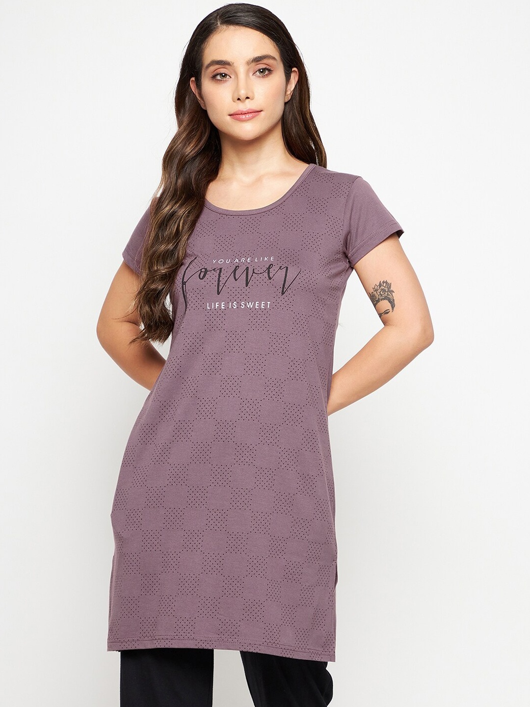 

Okane Women Purple Printed Short Sleeves Round Neck Lounge T-shirts