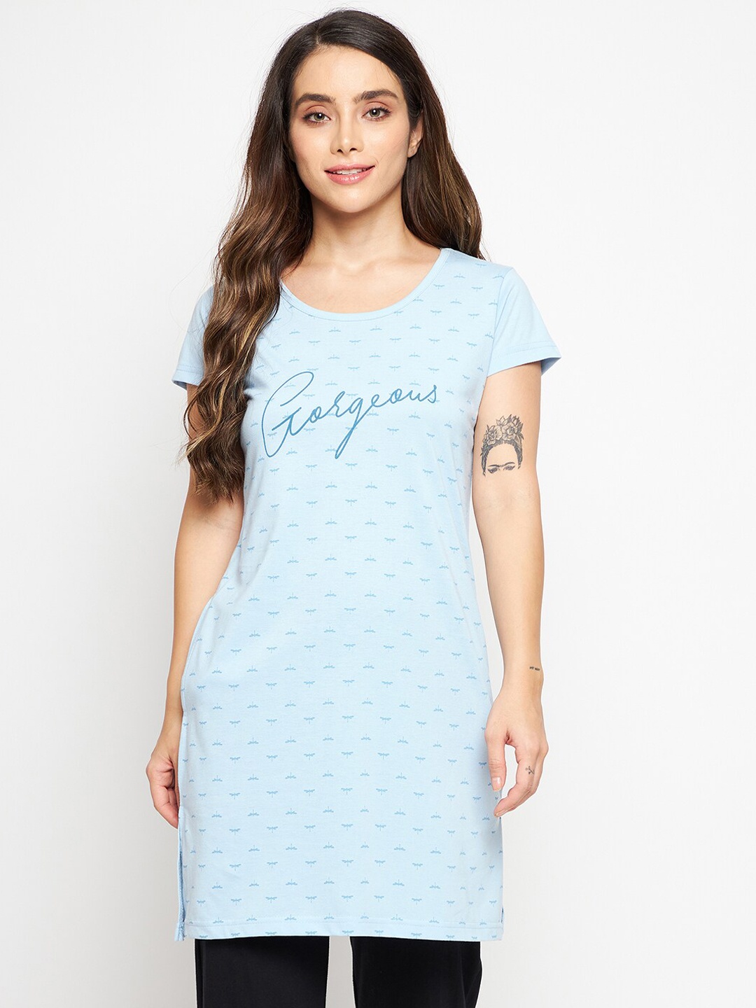 

Okane Women Blue Printed Short Sleeves Round Neck Cotton Lounge Tshirts