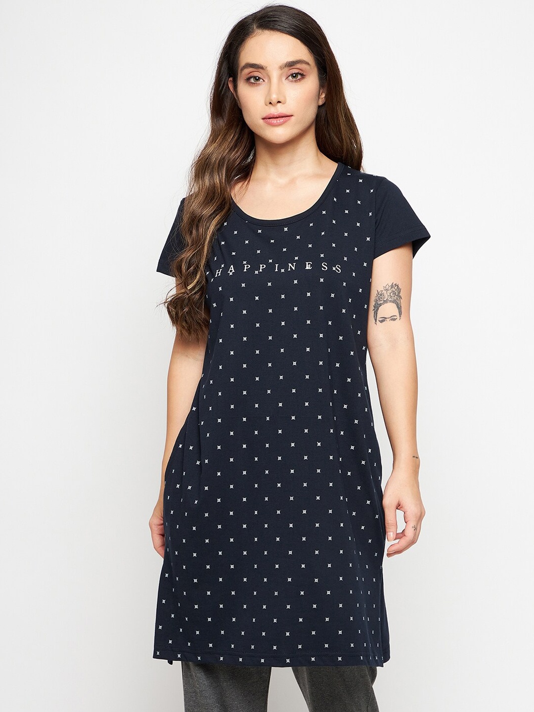 

Okane Women Navy Blue Short Sleeves Round Neck Printed Cotton Lounge T-shirt