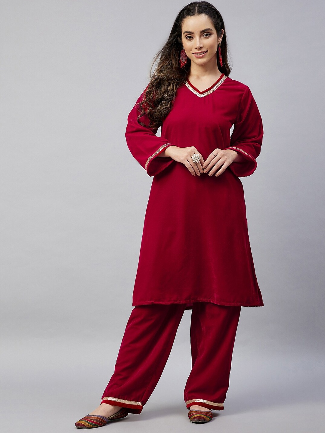 

InWeave Women Maroon Velvet Kurta with Palazzos