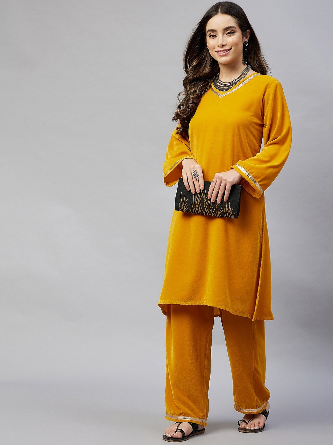 

InWeave Women Mustard Yellow Velvet Kurta with Palazzos