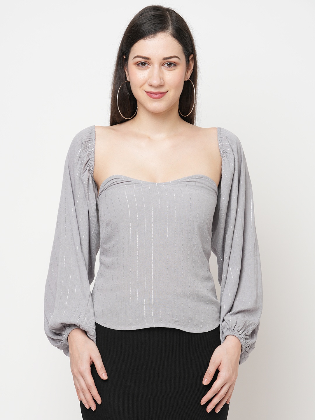 

MISH Women Grey Striped Sheen Top