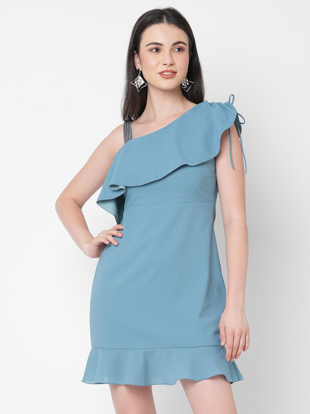 

MISH Women Blue Solid One Shoulder Georgette Sheath Dress