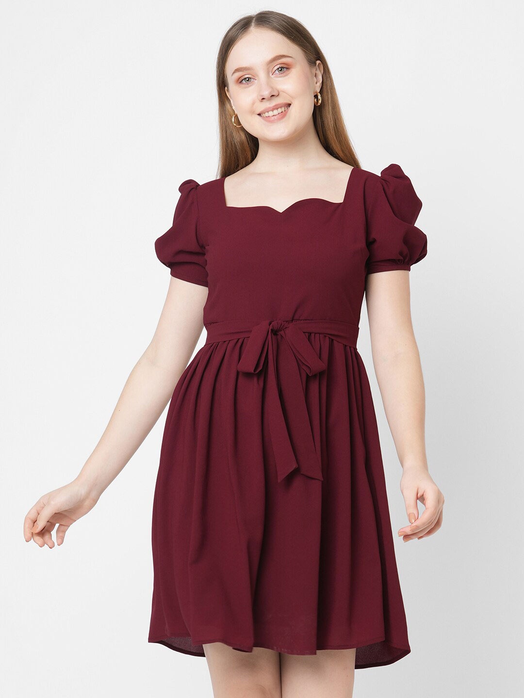 

MISH Women Maroon Solid Sweetheart Neck Georgette Dress