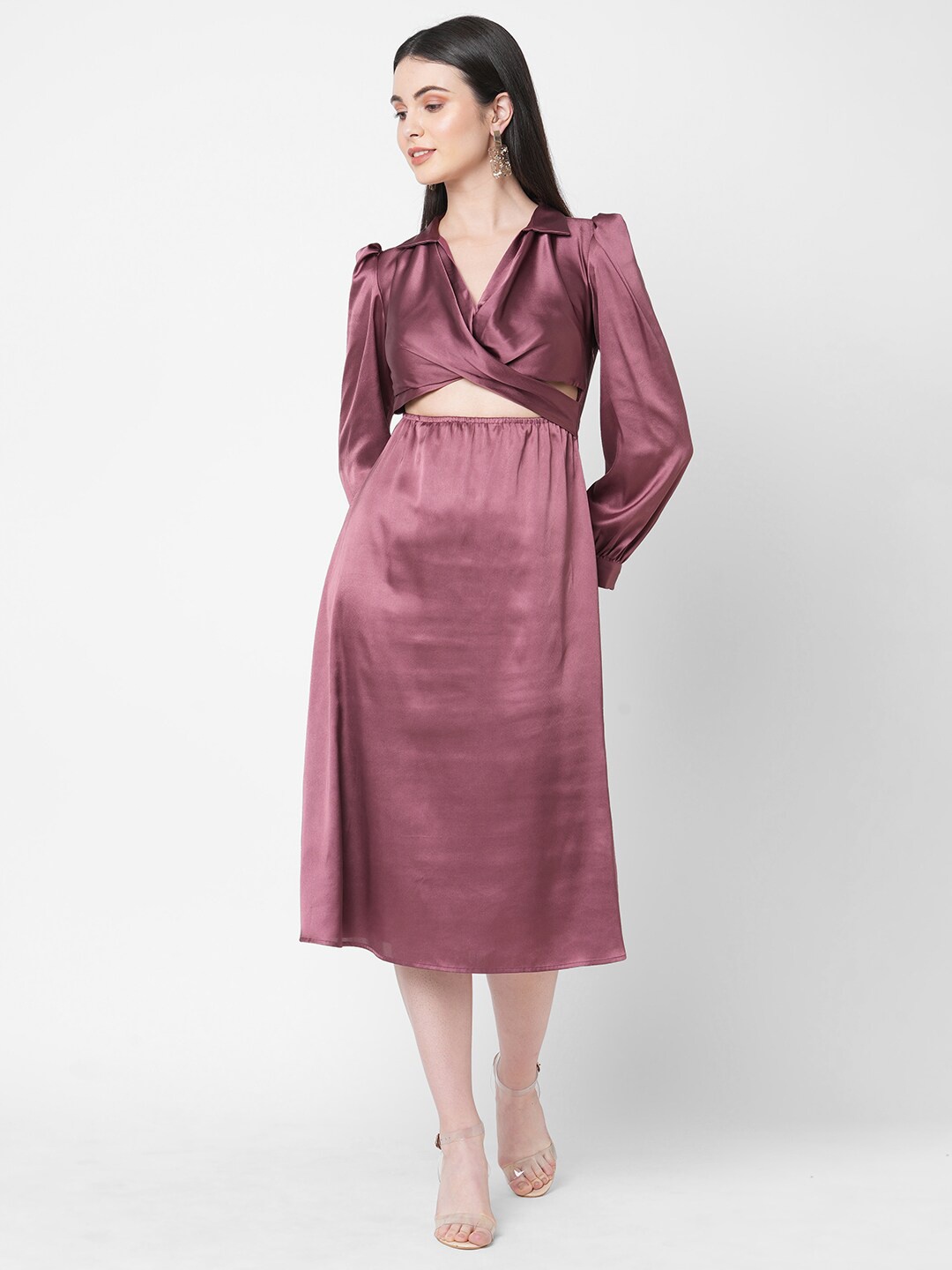 

MISH Women Maroon Front Cut-Out Satin Midi Dress