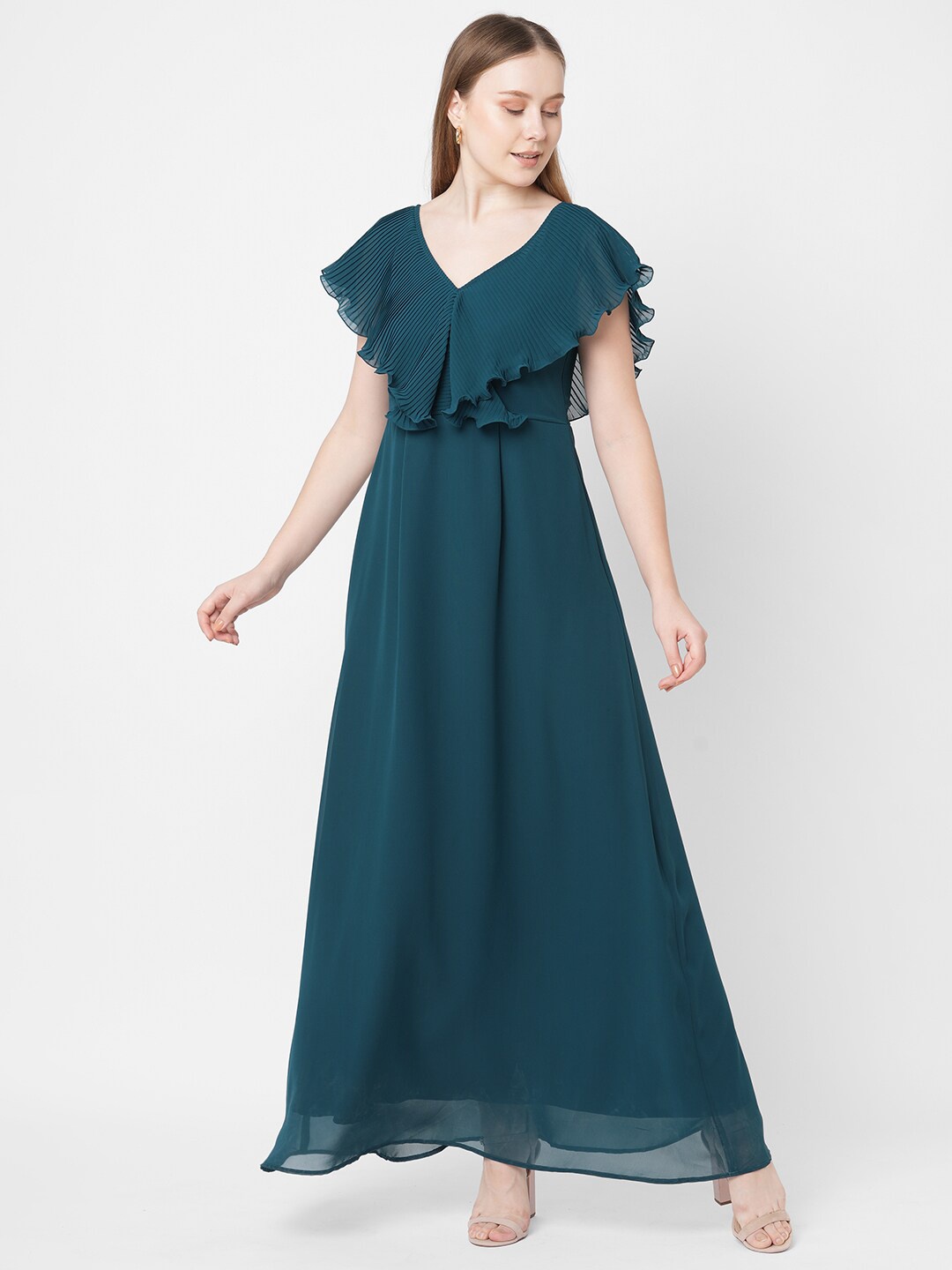 

MISH Teal Solid Georgette Maxi Dress