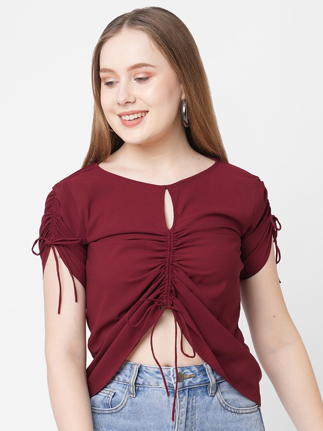 

MISH Women Maroon Keyhole Neck Georgette Crop Top