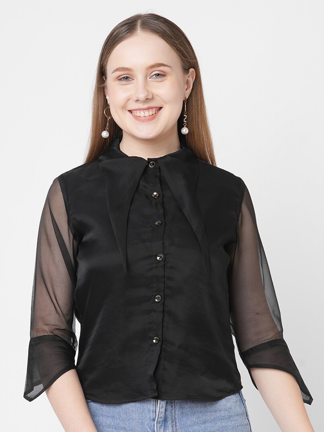 

MISH Women Black Mandarin Collar Sheen Sheer Shirt Style Top