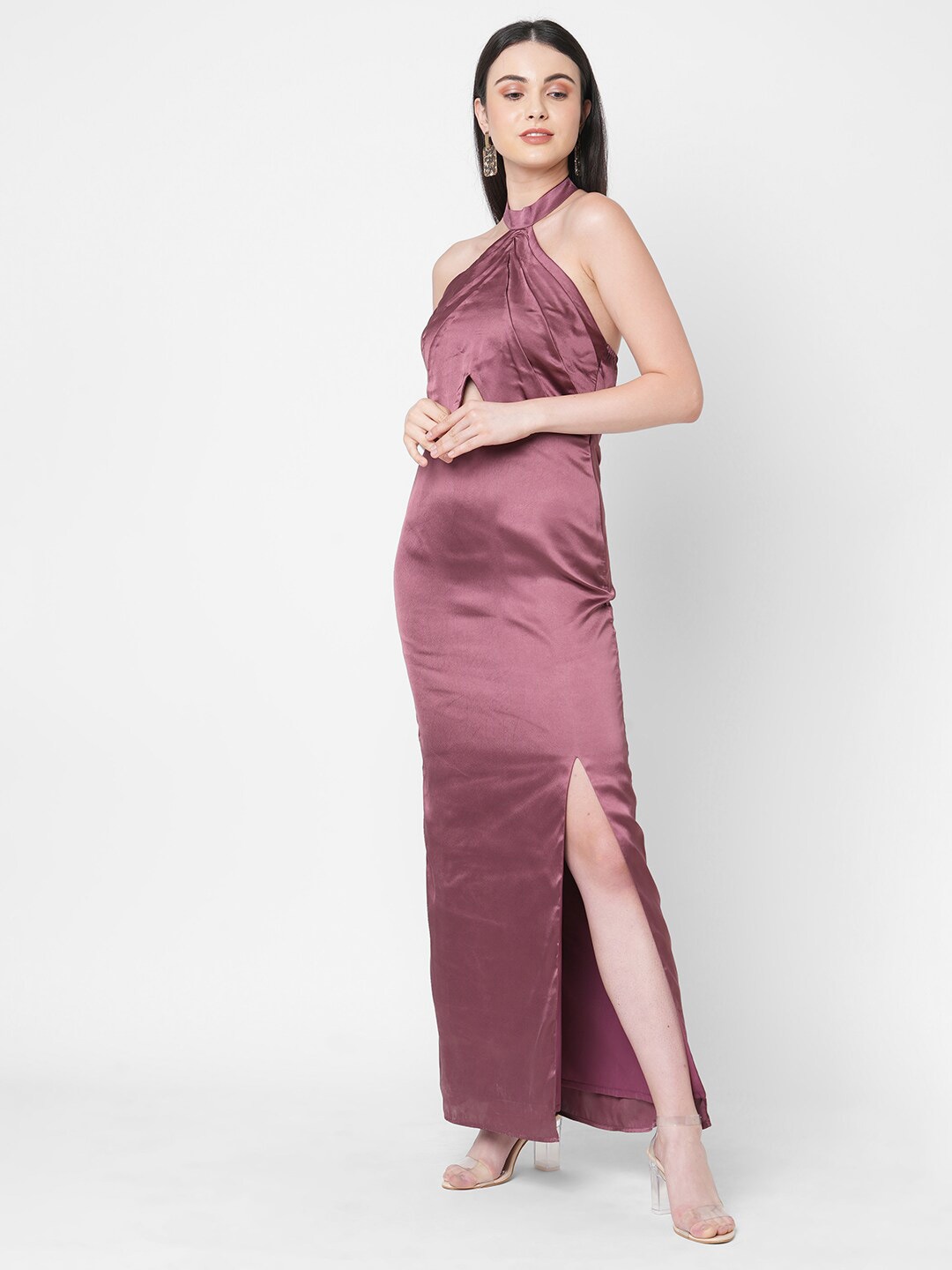 

MISH Women Maroon Halter Neck Satin Maxi Dress