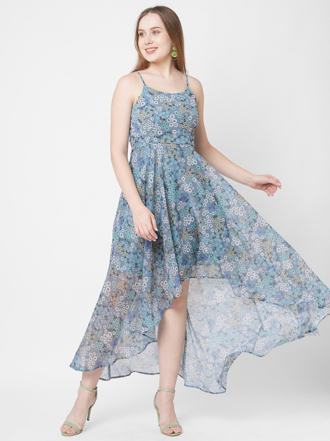 

MISH Women Blue & White Floral Printed Chiffon A-Line Midi Dress