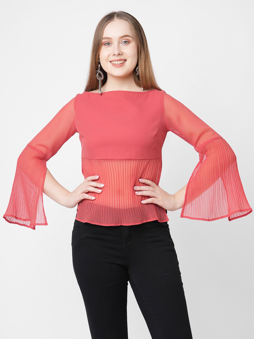 

MISH Women Coral Georgette Peplum Top