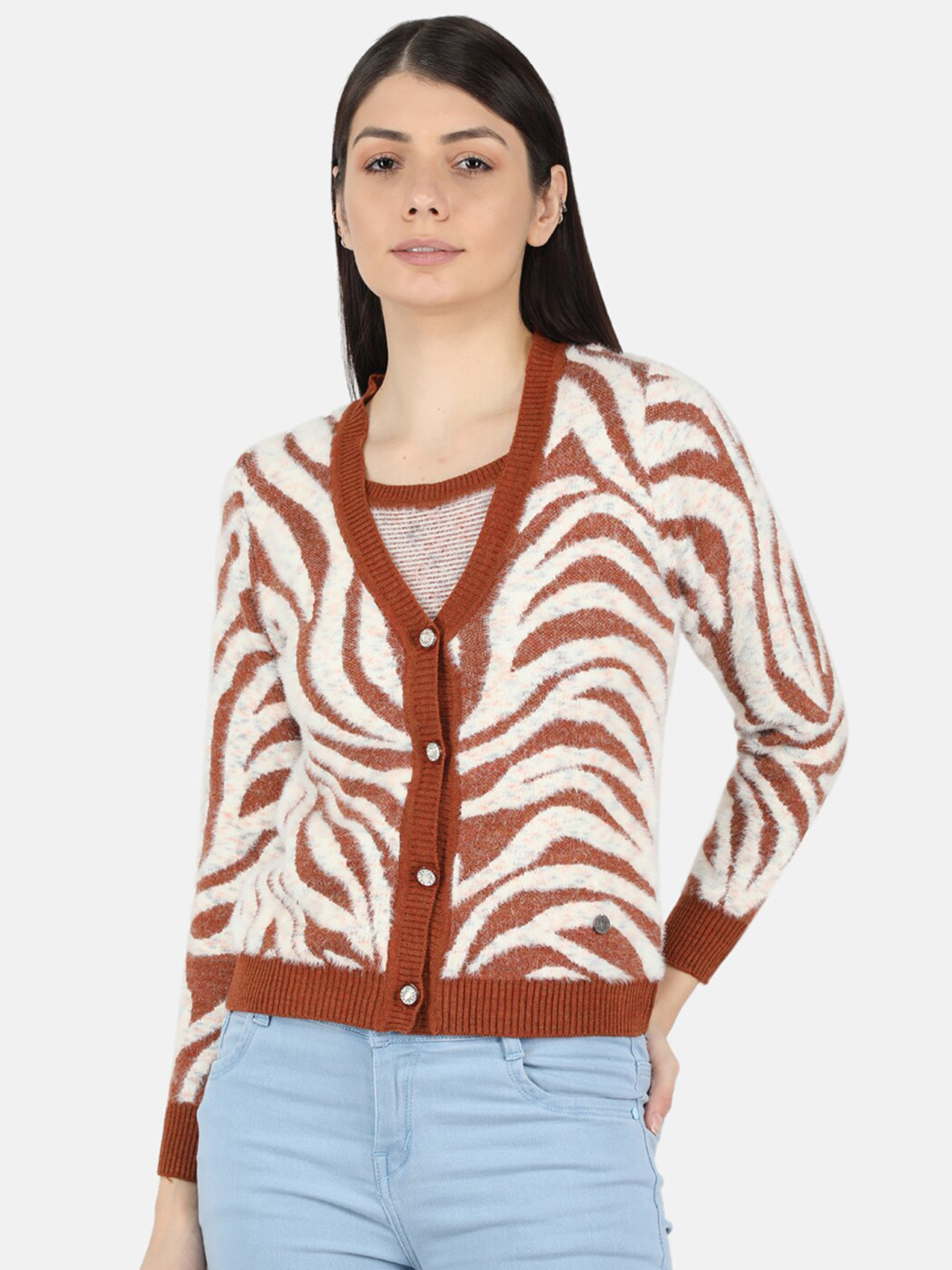 

Monte Carlo Women Rust & Cream-Coloured Printed Crop Cardigan