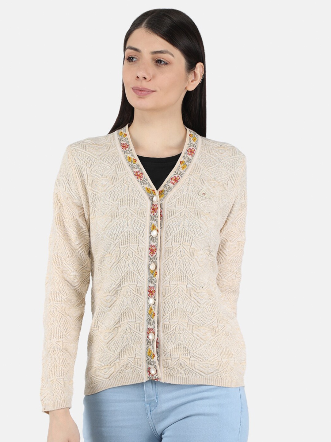 

Monte Carlo Women Beige & Red Cable Knit Cardigan with Embroidered Detail