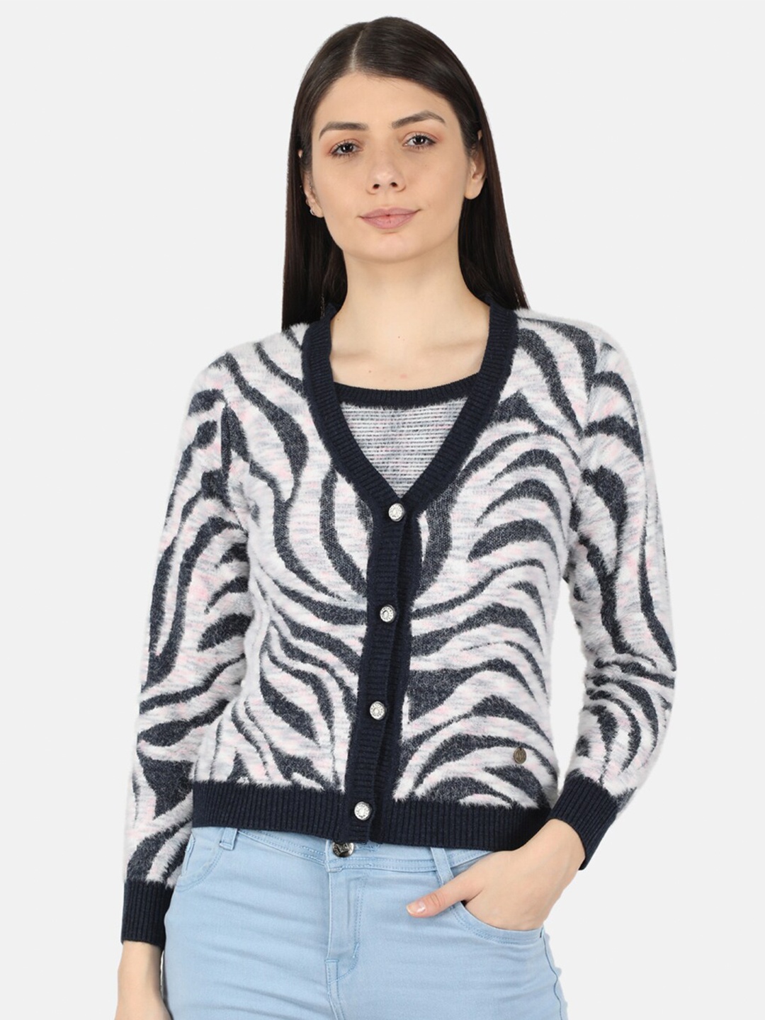 

Monte Carlo Women Off White & Navy Blue Animal Printed Cardigan