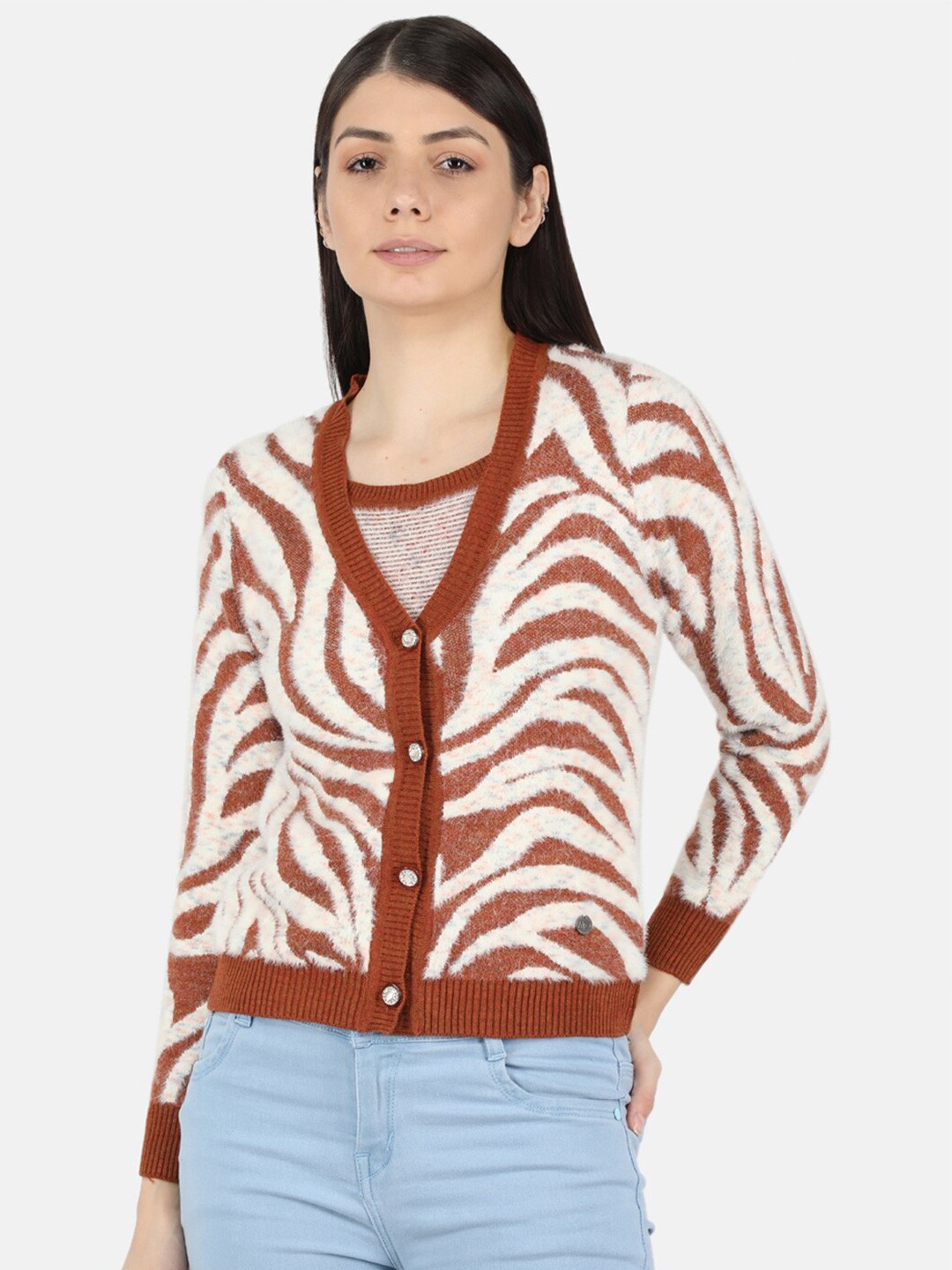 

Monte Carlo Women Off White & Rust Animal Printed Cardigan