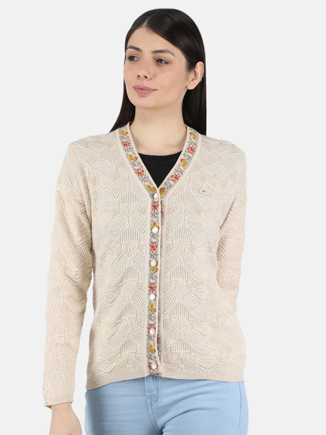 

Monte Carlo Women Beige & Red Cable Knit Cardigan