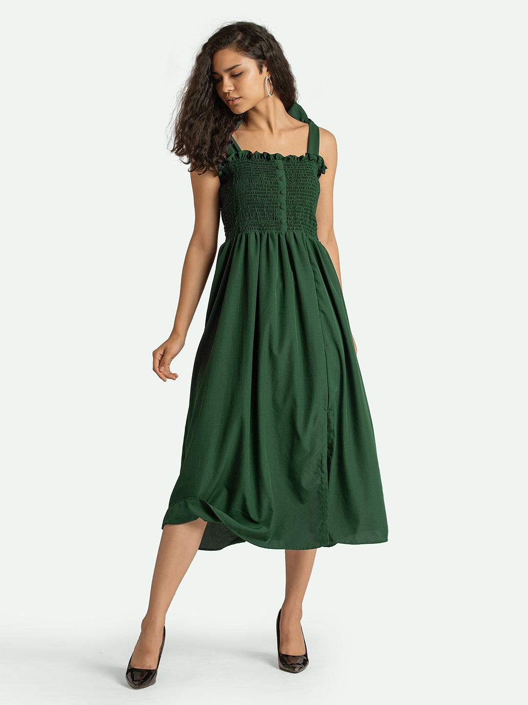 

AASK Green Crepe Smocked Midi Fit & Flare Dress