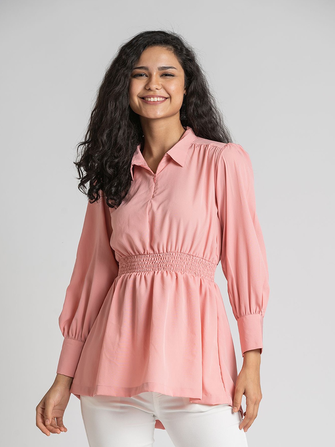 

AASK Women Pink Crepe Shirt Style Longline Top