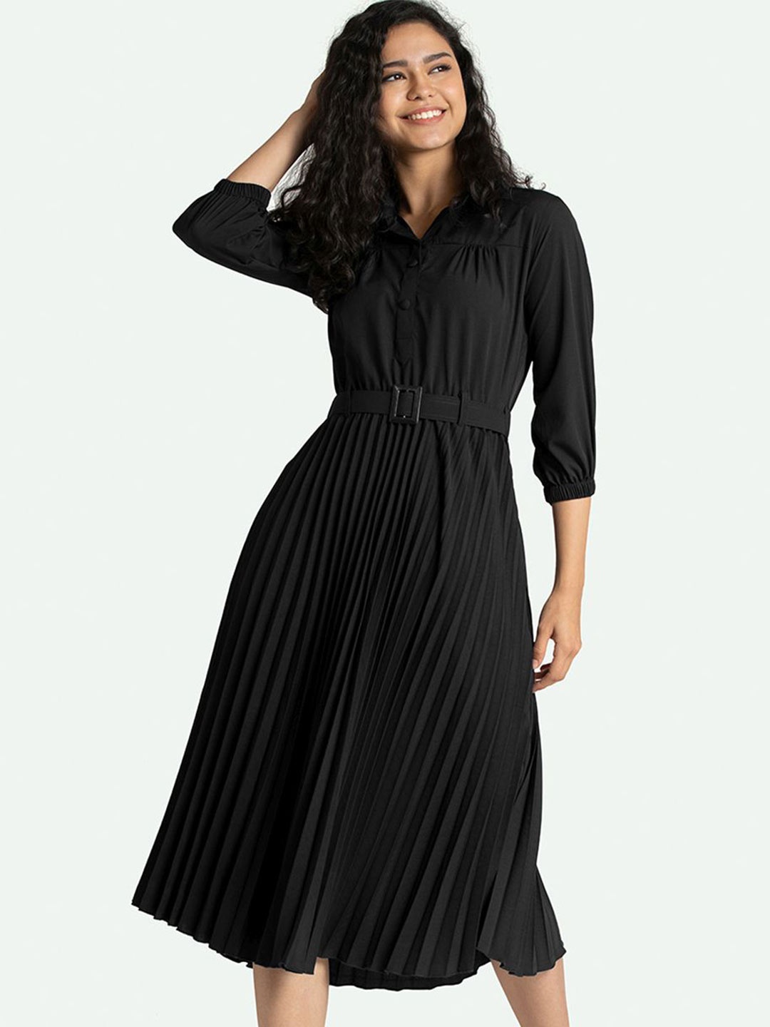 

AASK Crepe Accordion Pleat Midi A-Line Dress, Black