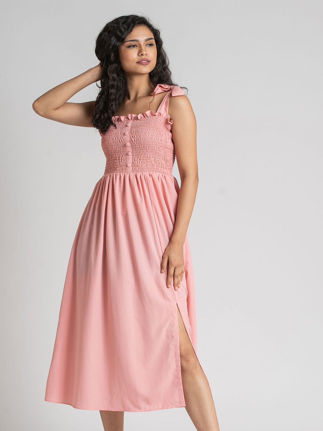 

AASK Pink Crepe Smocked Midi Fit & Flare Dress