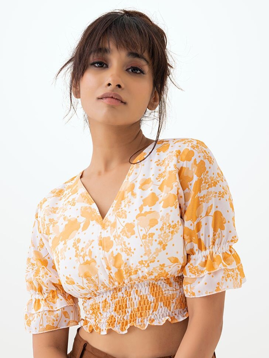 

AASK Women White & Orange Floral Print Georgette Blouson Crop Top