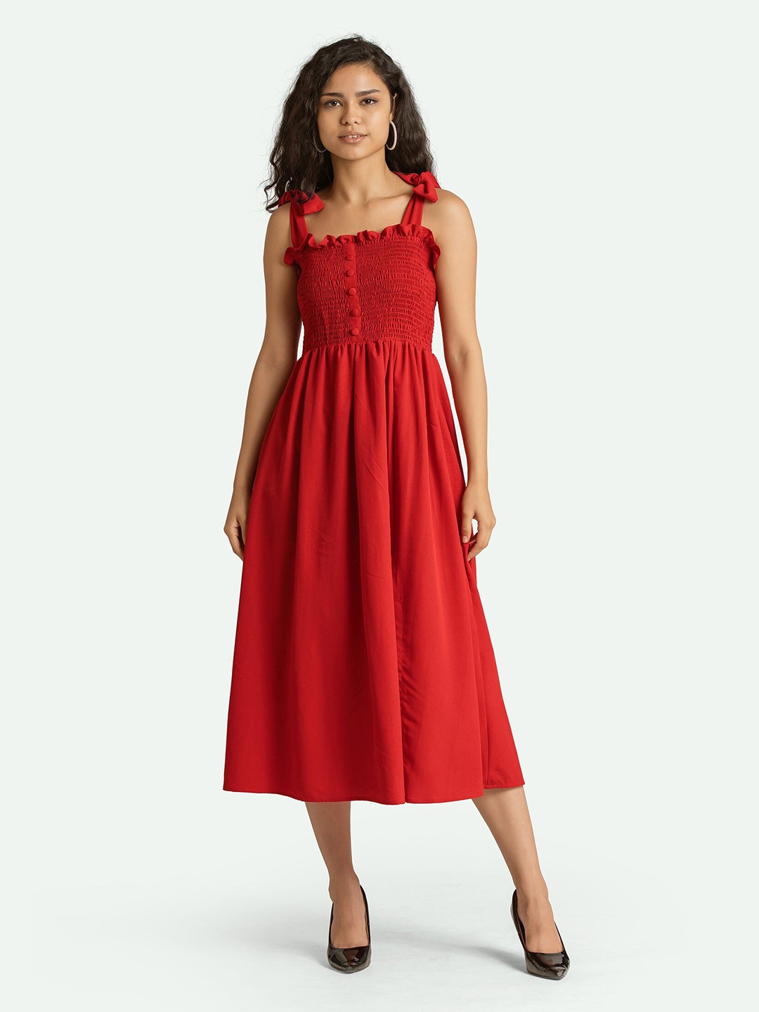 

AASK Red Crepe Smocked Midi Fit & Flare Dress