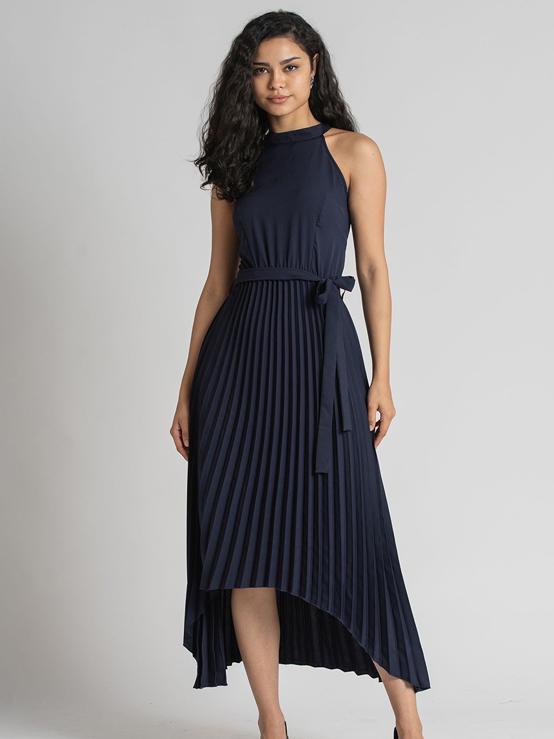 

AASK Blue Halter Neck Accordion Pleats Maxi Midi Dress