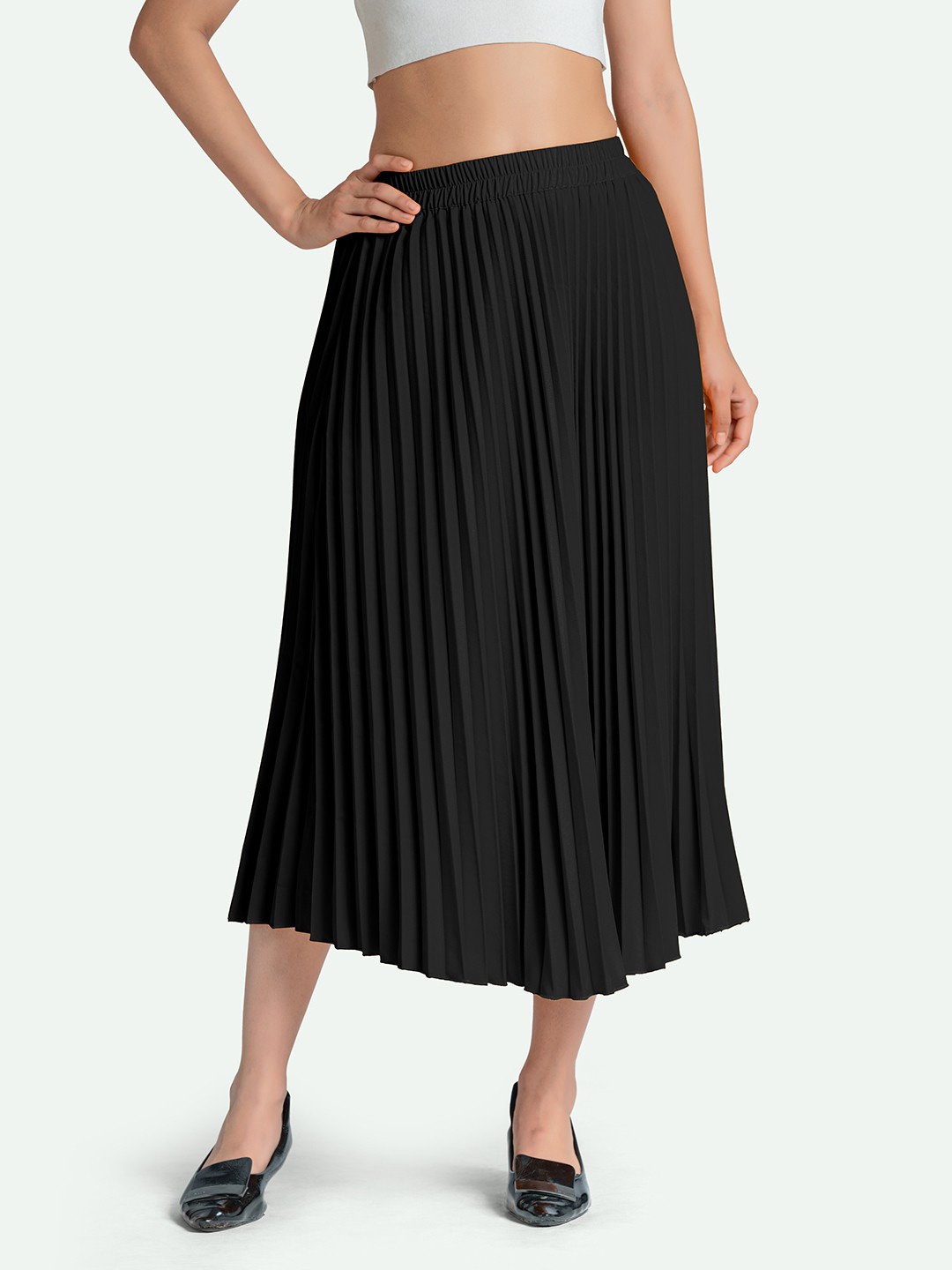 

AASK Women Black Solid Pleated Flared Maxi Skirt