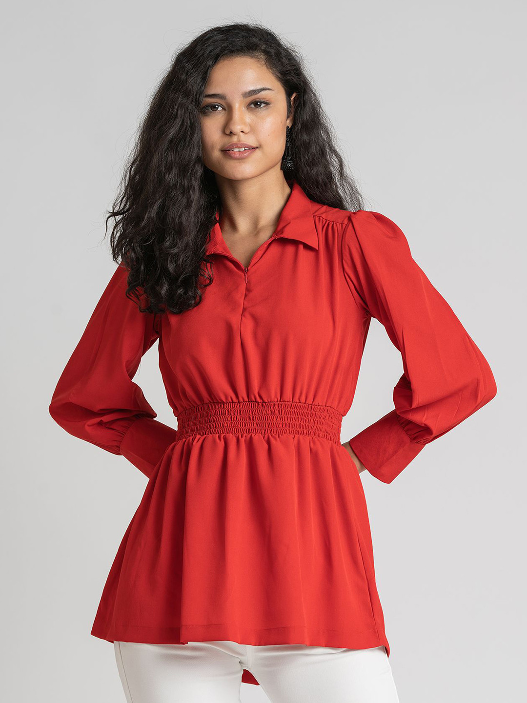 

AASK Women Red Crepe Cinched Waist Top