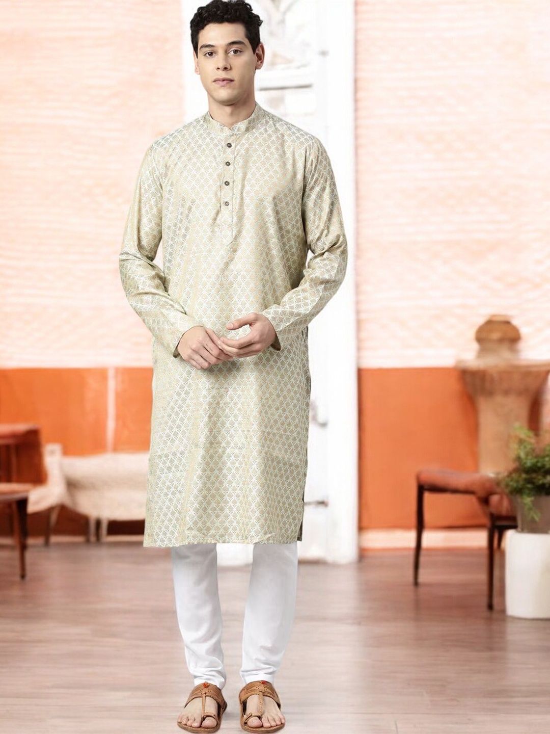 

TATTVA Men Woven Design Beige Kurta