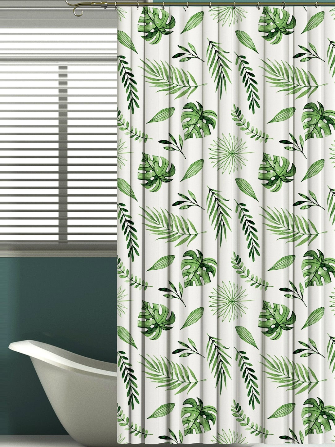 

Aura Green & White Tropics Printed Shower Curtain with Hooks