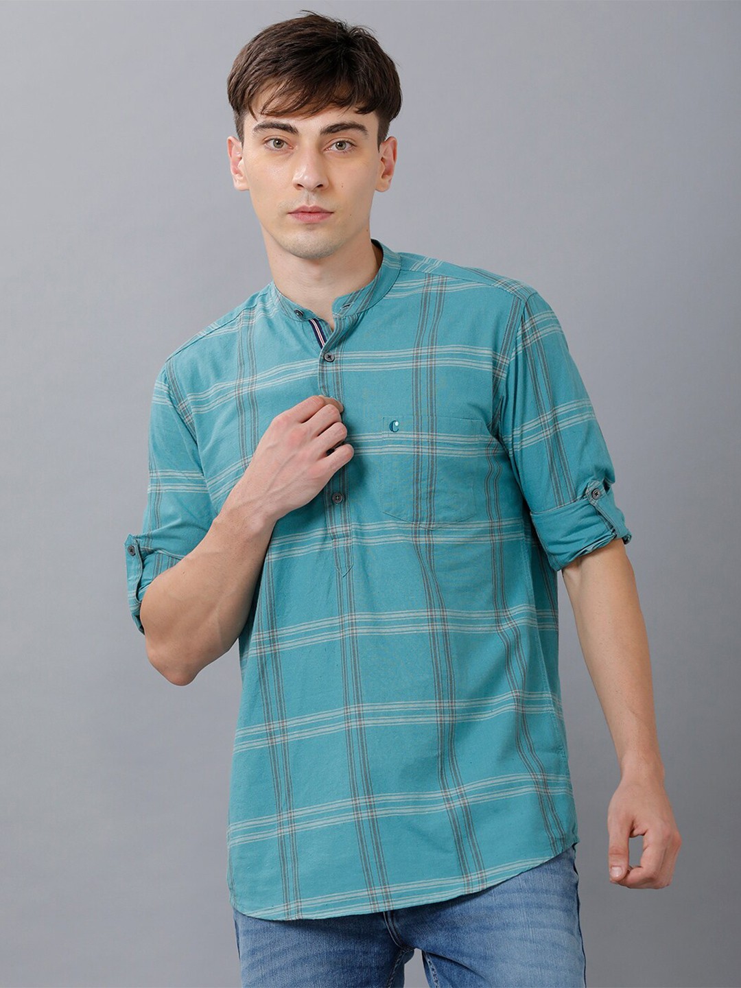 

CAVALLO by Linen Club Men Turquoise Blue Tartan Checks Checked Casual Shirt