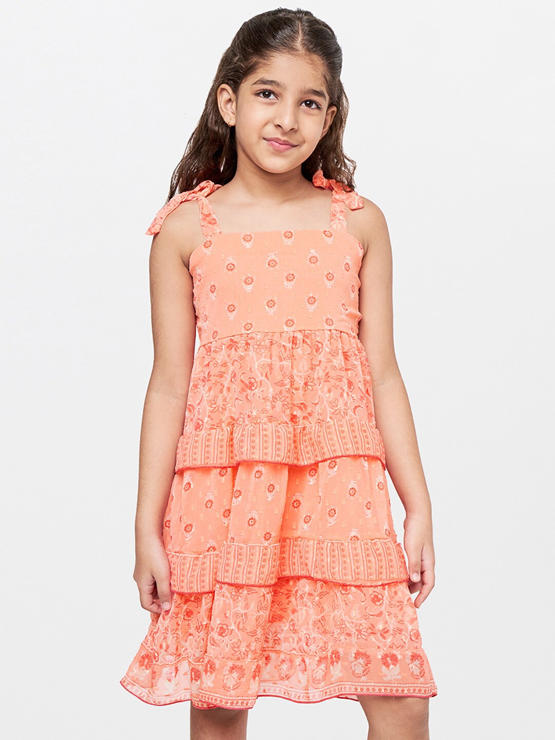 Global Desi Girls Coral & White Floral Layered Empire Dress