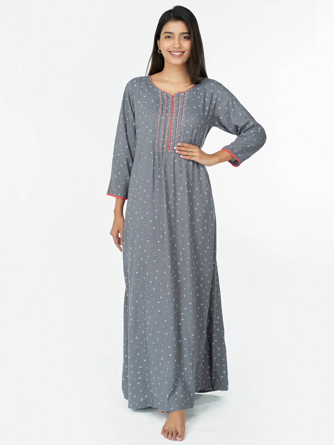 

Maybell Embroidered Cotton Maxi Nightdress, Grey