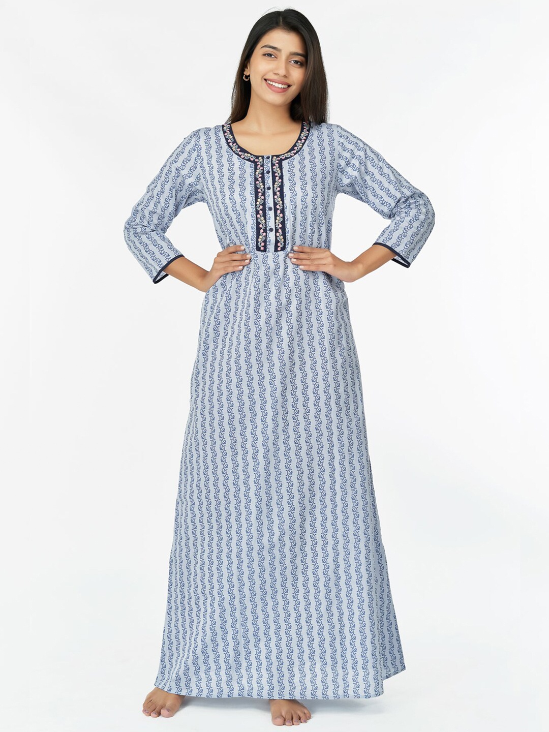 

Maybell Embroidered Cotton Maxi Nightdress, Blue