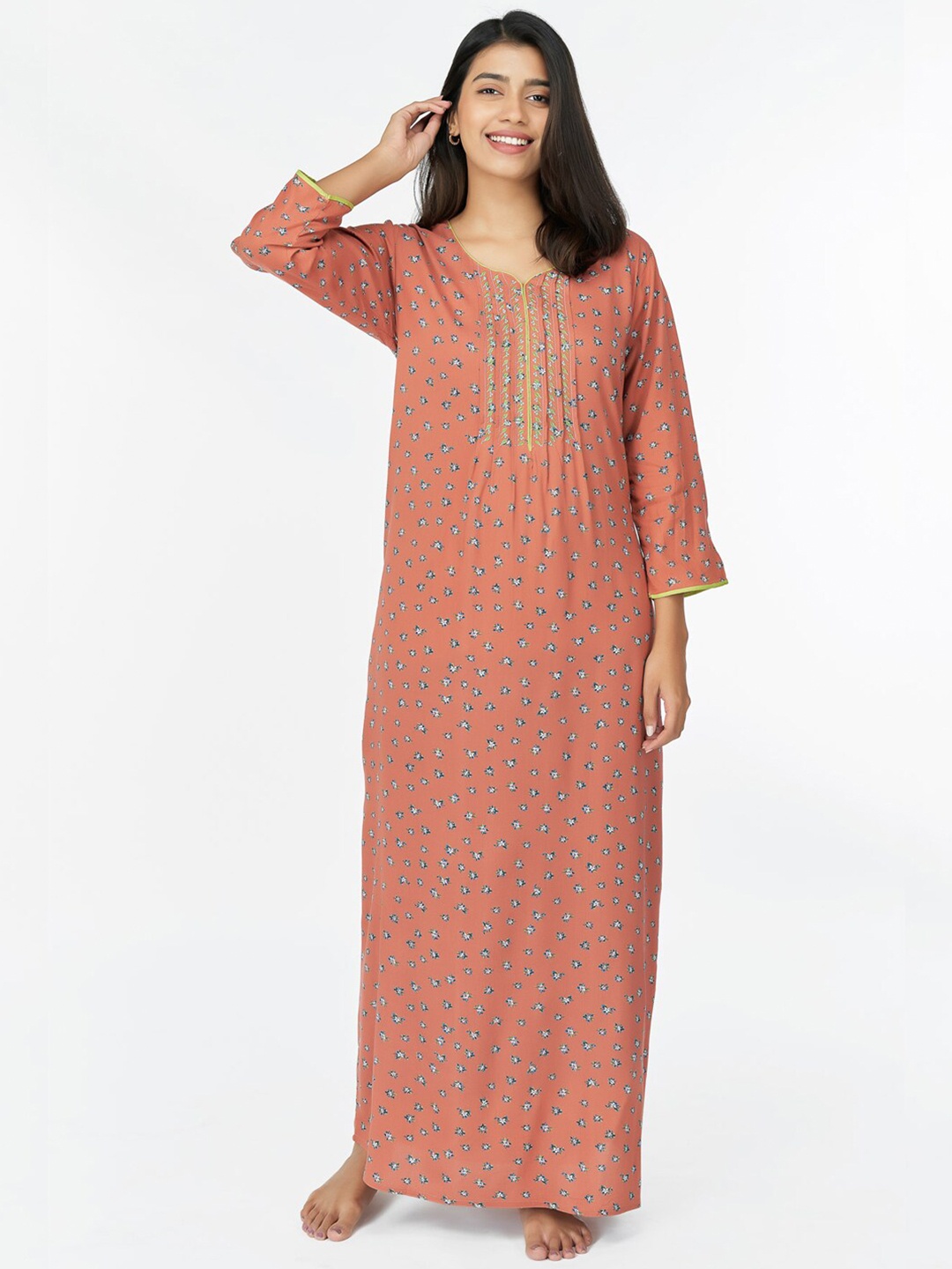 

Maybell Embroidered Cotton Maxi Nightdress, Rust