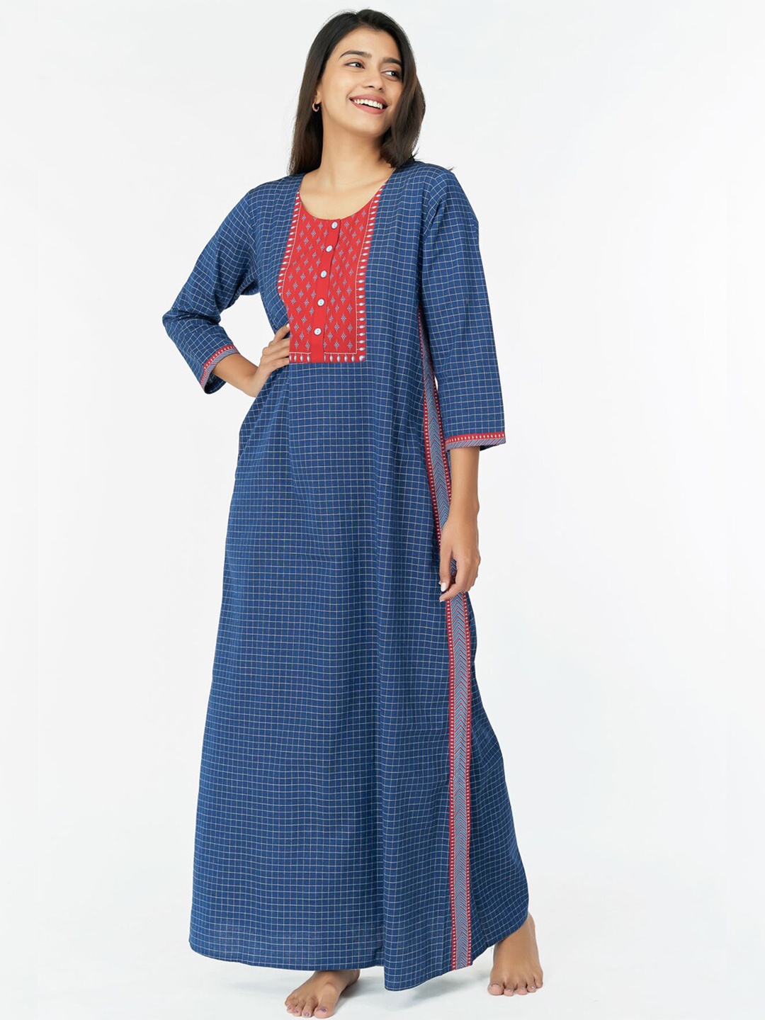 

Maybell Printed Maxi Checked & Minimal Nightdress, Blue