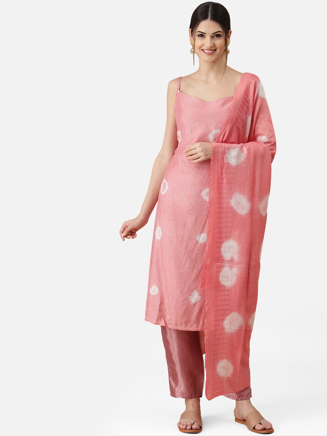 

VredeVogel Women Pink Ethnic Motifs Printed Chanderi Silk Kurta with Trousers & With Dupatta