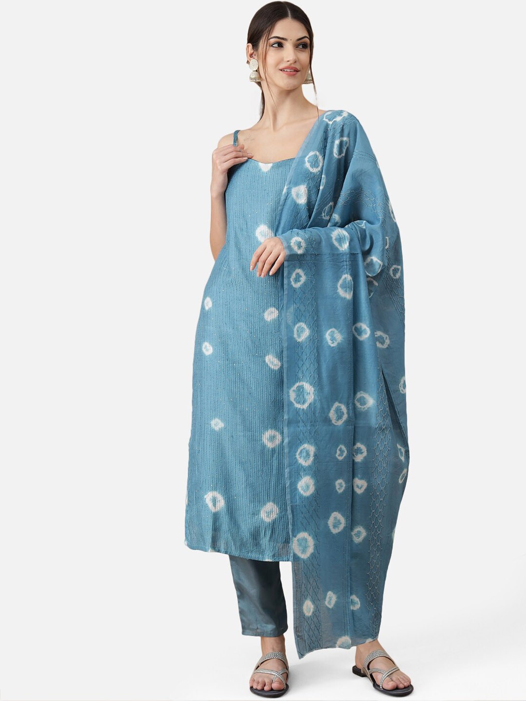 

VredeVogel Women Blue Ethnic Motifs Printed Sequinned Chanderi Silk Kurta with Trousers & With Dupatta