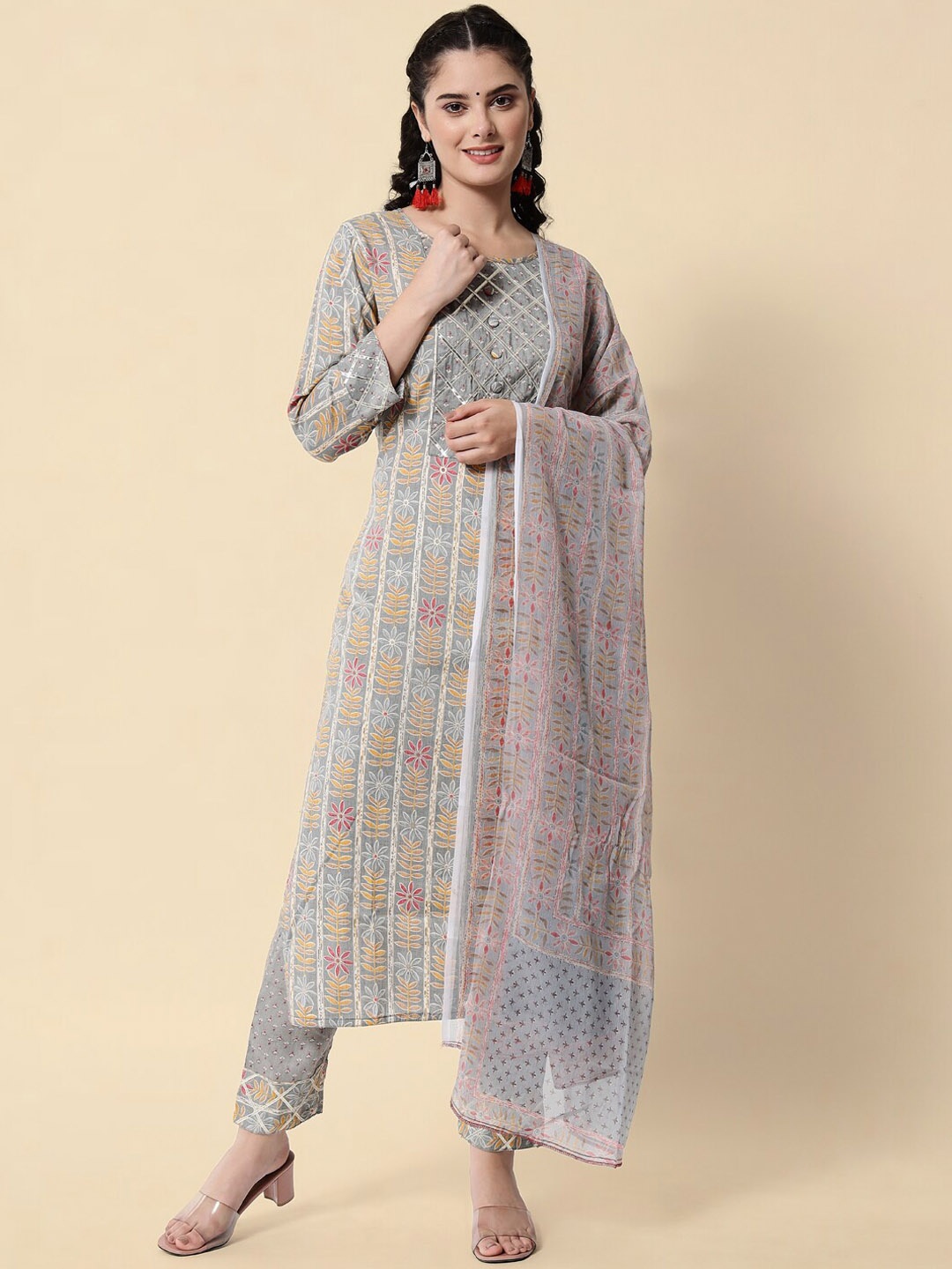 

VredeVogel Women Grey Ethnic Motifs Printed Kurta with Trousers & With Dupatta