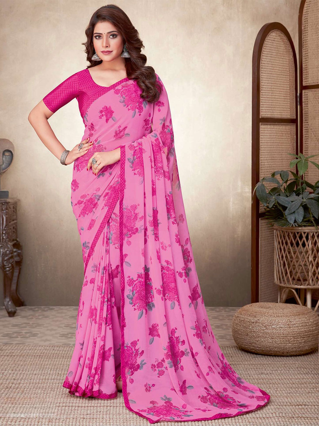 

Satrani Pink Poly Georgette Floral Saree
