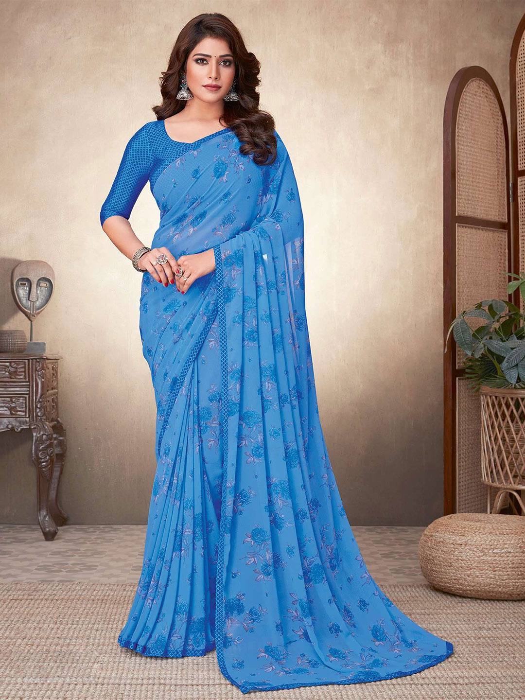 

Satrani Blue Poly Georgette Floral Saree