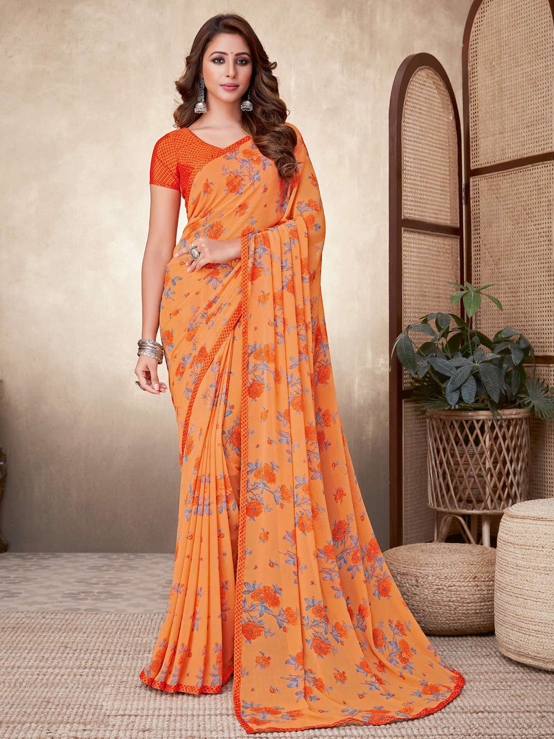 

Satrani Orange Poly Georgette Floral Saree