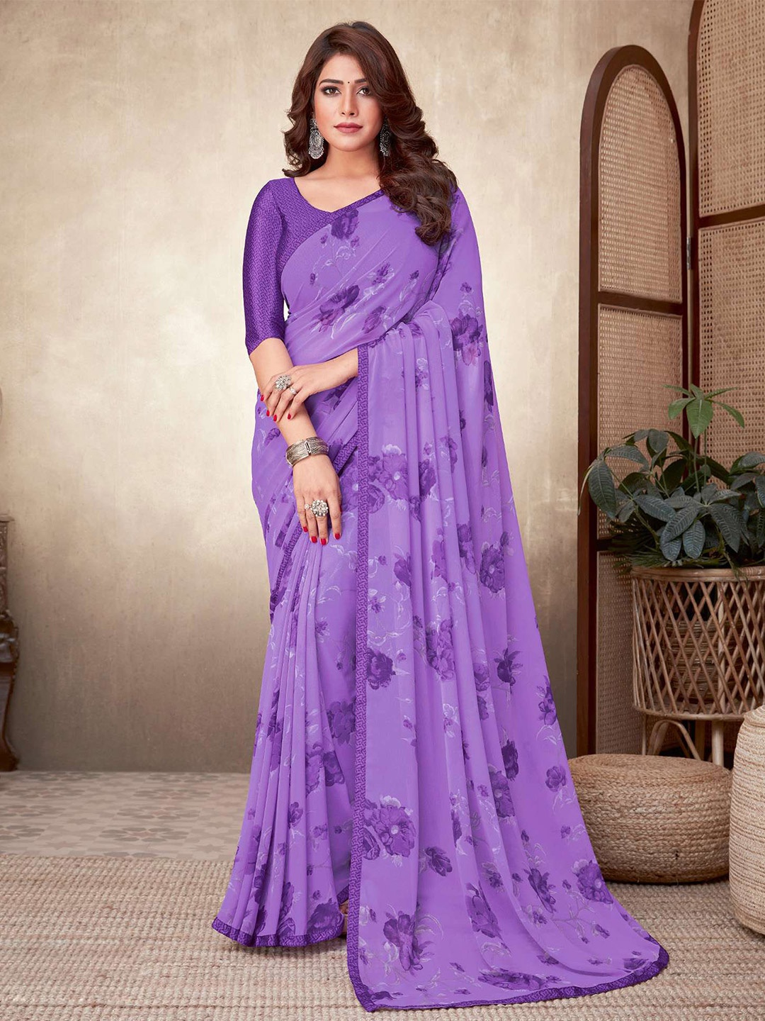 

Satrani Lavender Poly Georgette Floral Saree